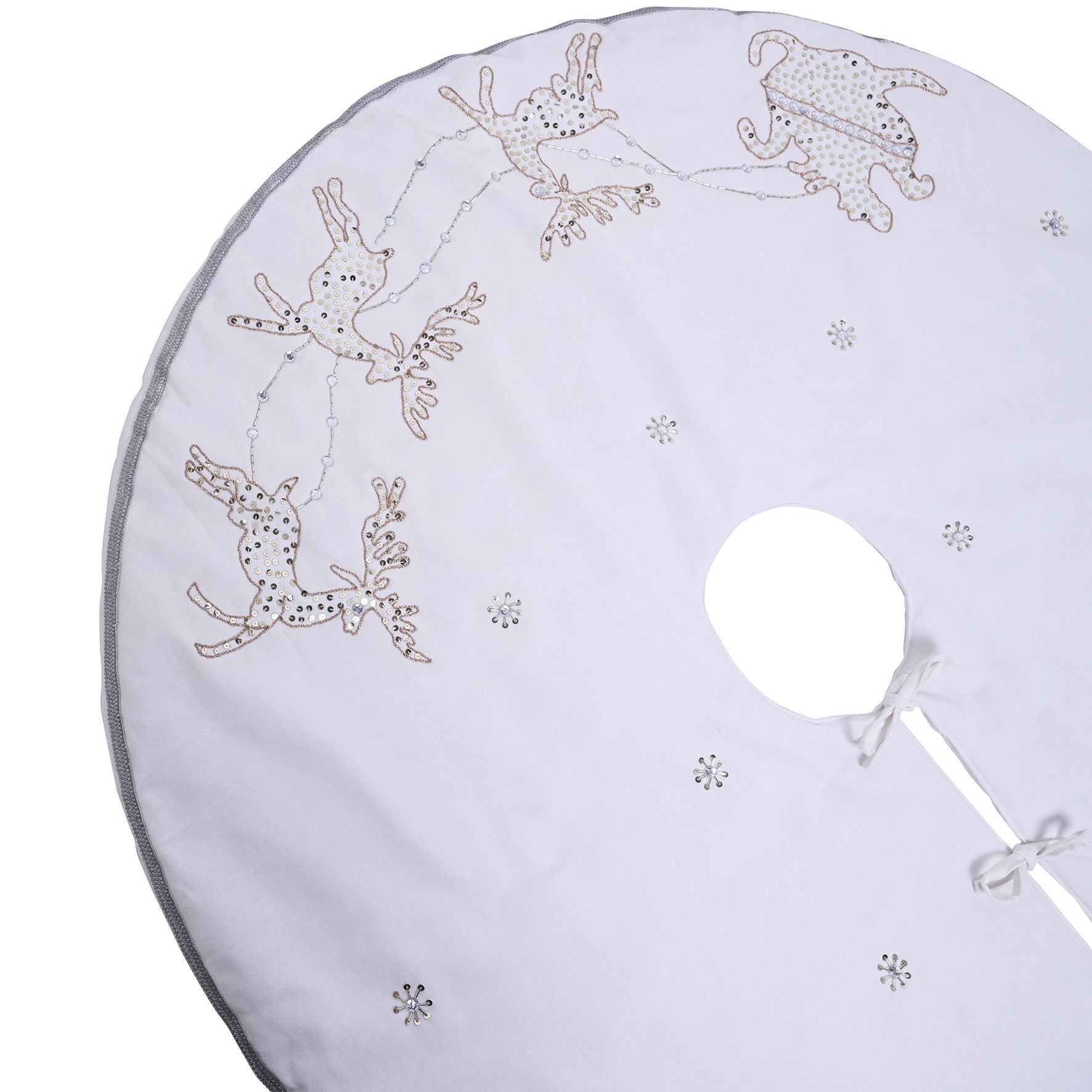 White Reindeer Hand Embellished Christmas Tree Skirt