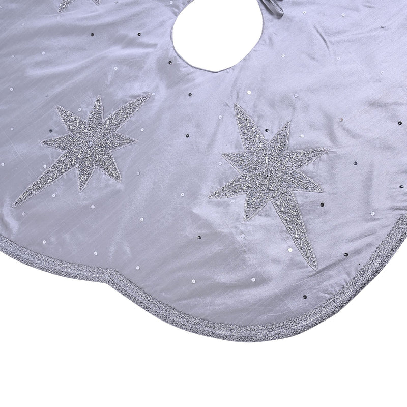 Silver Star Hand Embellished Christmas Tree Skirt with Scalloped Edge