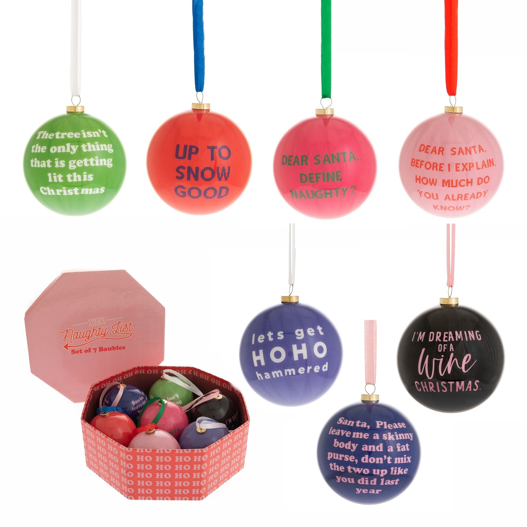 Set of 7 Naughty List Christmas Baubles