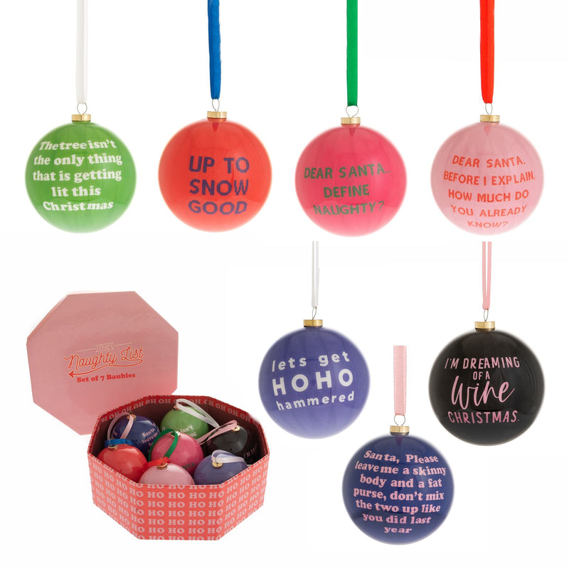 Set of 7 Naughty List Christmas Baubles