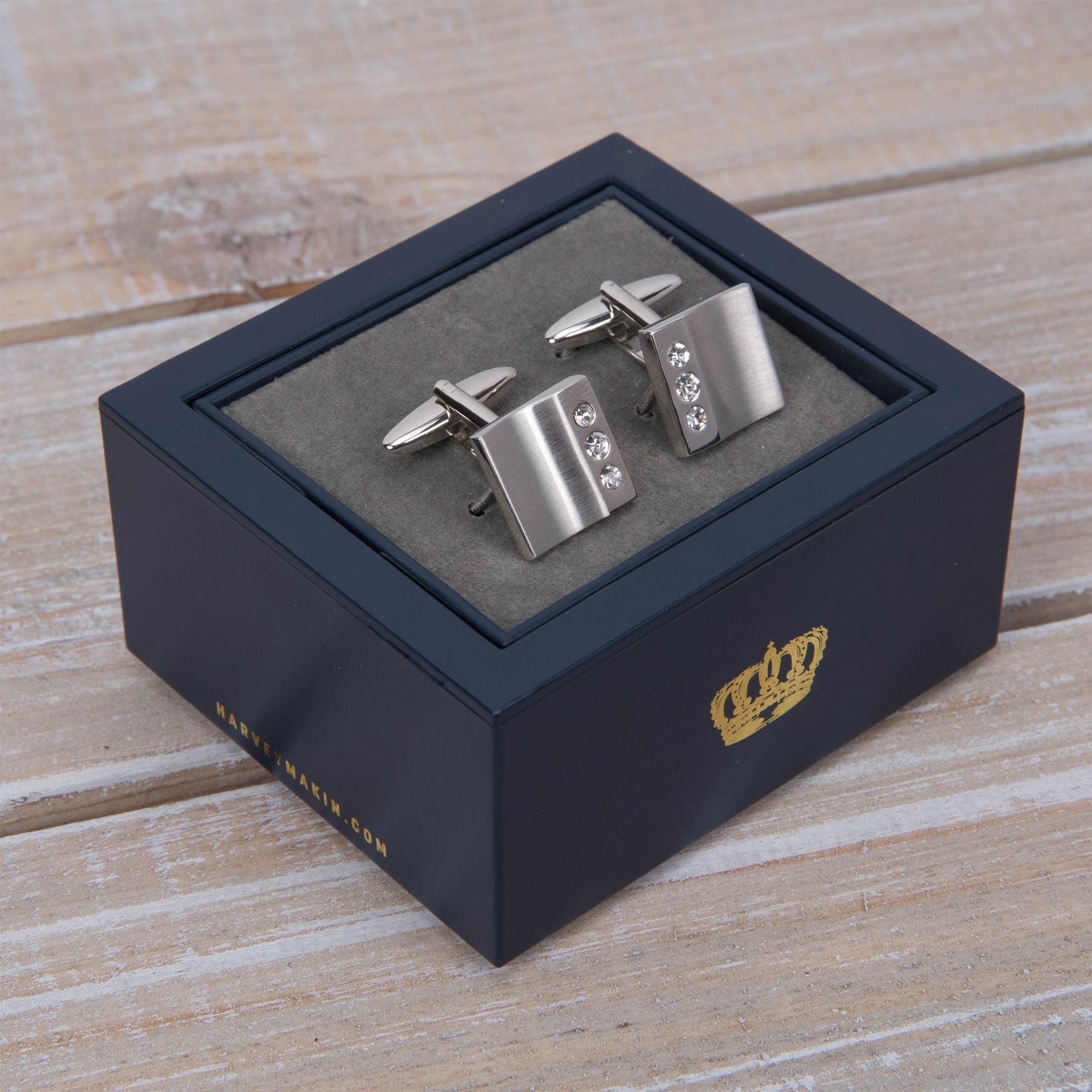 Harvey Makin Rhodium Plated Cufflinks Plain with Diamantes